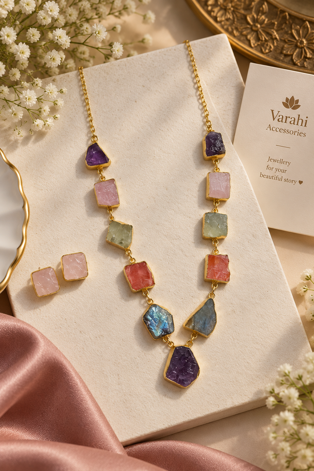 Brass Druzy Stone Multi Necklace Set With Studs