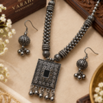 Long Necklace Set With Rectangle Mirror Pendant