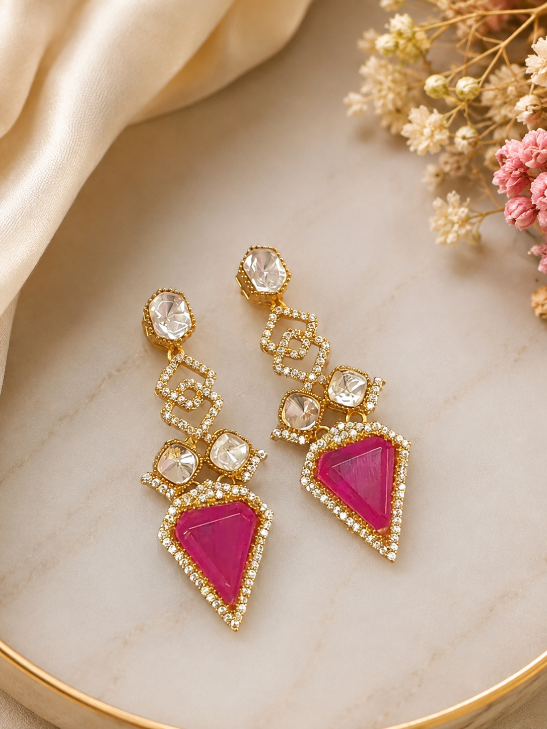 199ae037-93b6-4134-b196-b584b8b5e768.png Polki Hot Pink Earrings - Image 1
