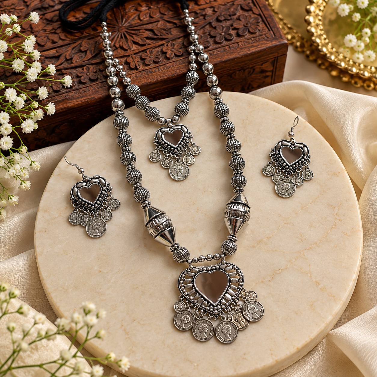 Oxidise Heart long Double Necklace Set