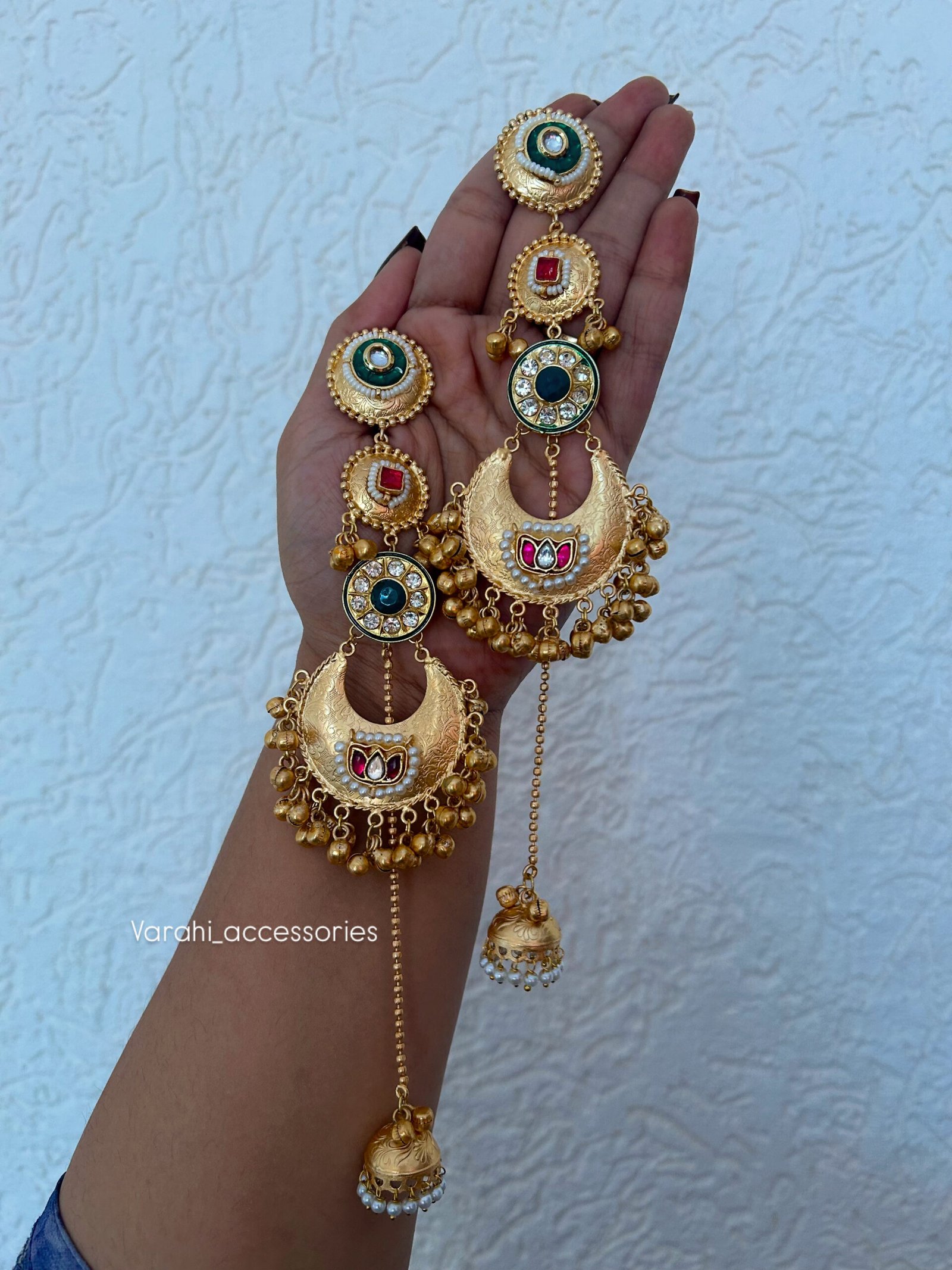 Kashmiri Earrings With Polki - Ruby Green