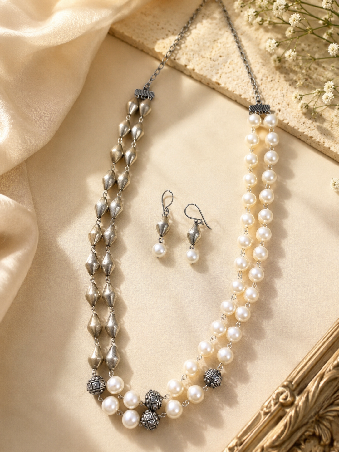 Silver Replica and Pearl Two Line Mala With Earrings