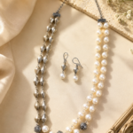 Silver Replica and Pearl Two Line Mala With Earrings
