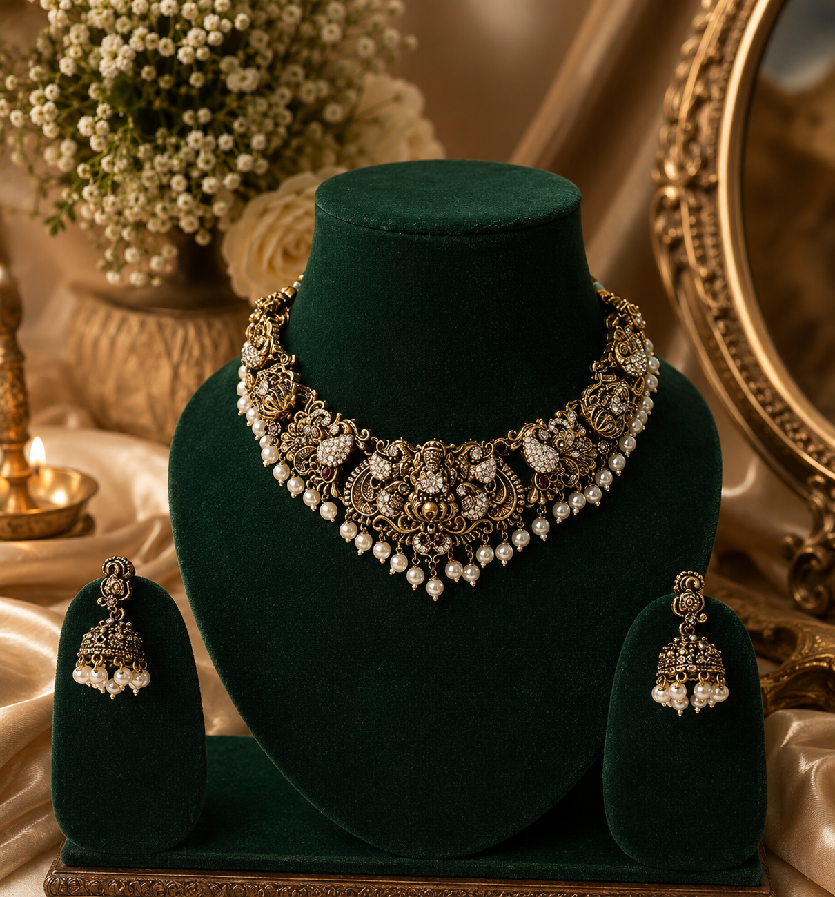Victorian Laxmi Mata Necklace Set - White