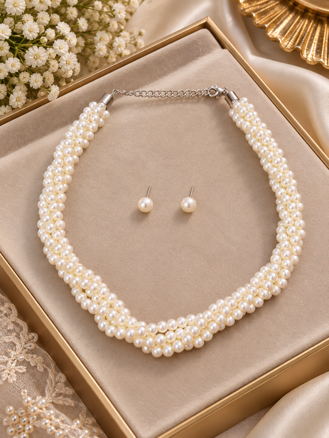 3a4efe47-8263-4c72-8611-a703f5c03b24.png Pearl Four Line Necklace With Studs - Image 1