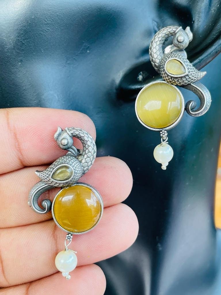 Silver Replica Peacock Earrings With Yellow Stone