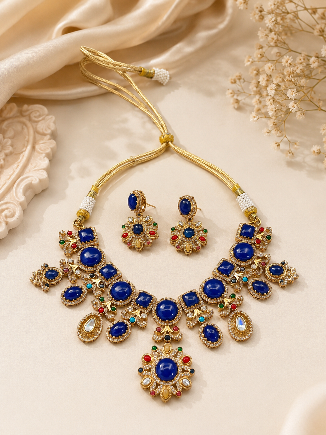 Doublet Necklace Set With Ad Stones - Dark Blue