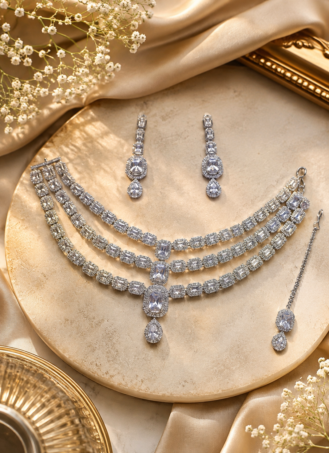 AD Necklace 3 Layer Set With Mangtika - Silver