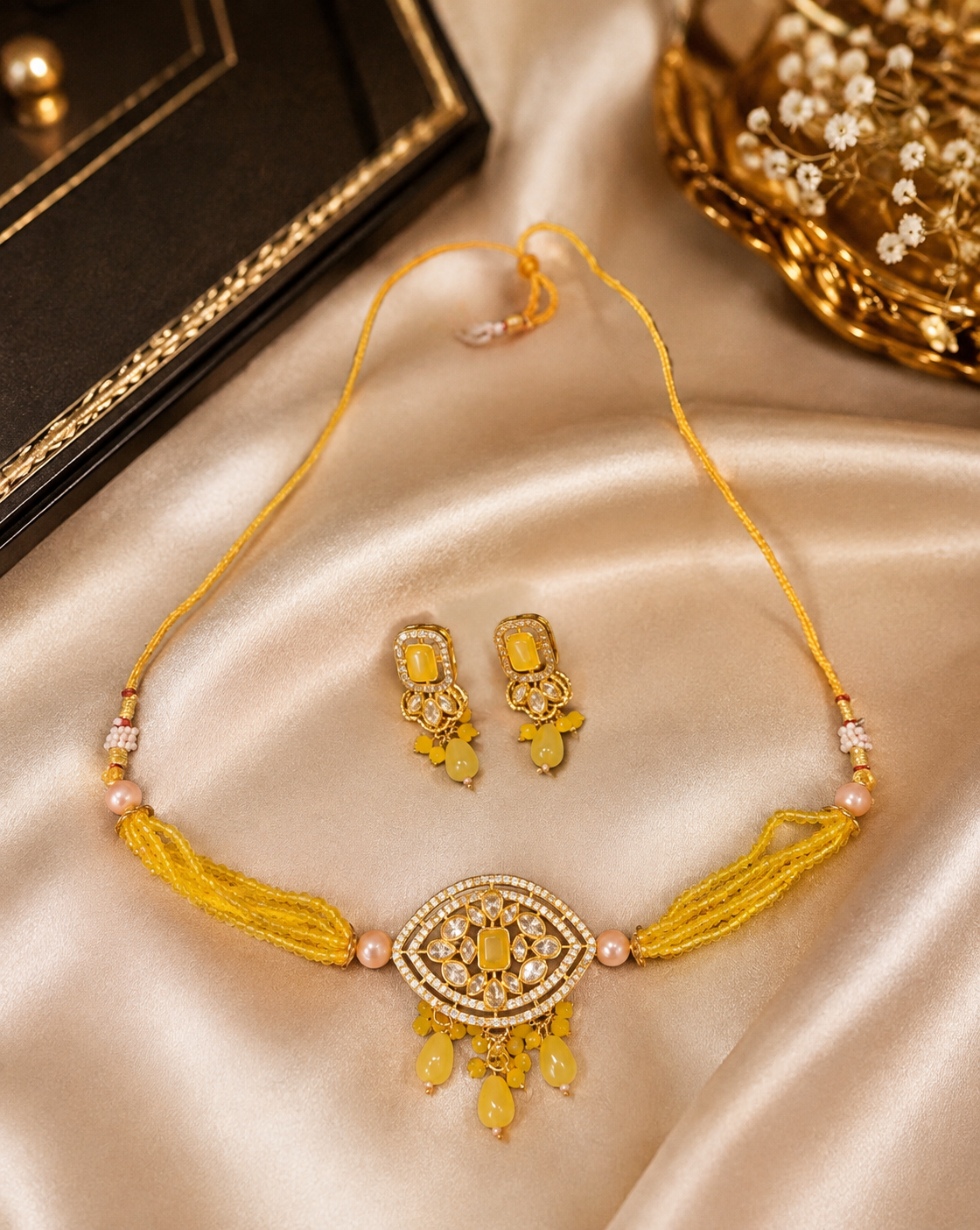 6969efaf-2e84-4456-ae3b-8d8fd52b8bcd Tyani Kundan Necklace Set With Earrings - Yellow - Image 1