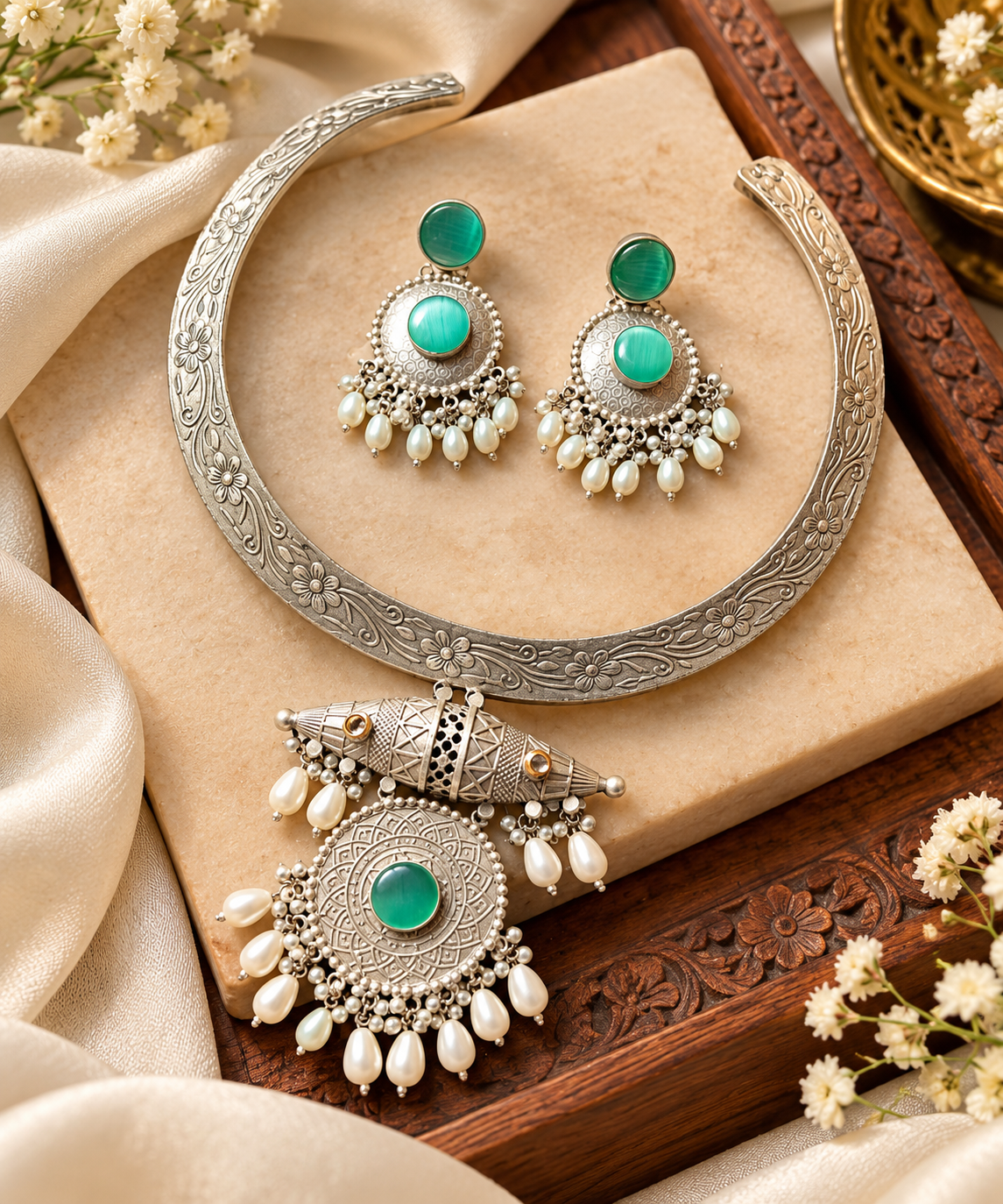 Hasli With hanging Pendant and Earrings - Mint