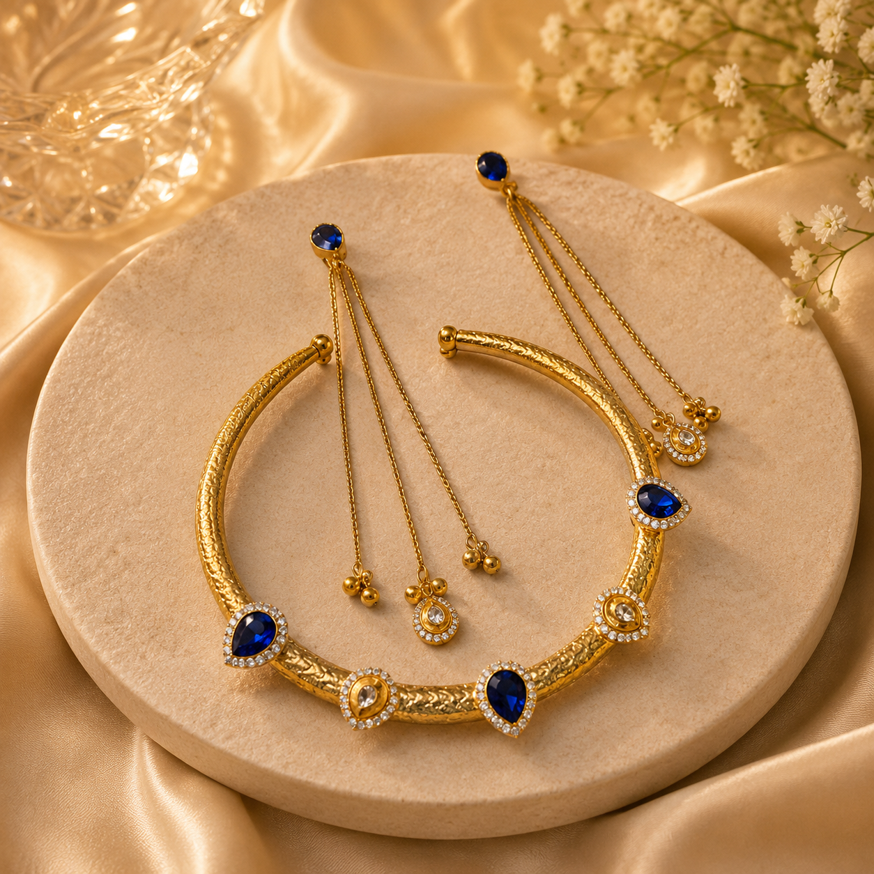 Brass Hasli With Kashmiri Earrings - Dark Blue
