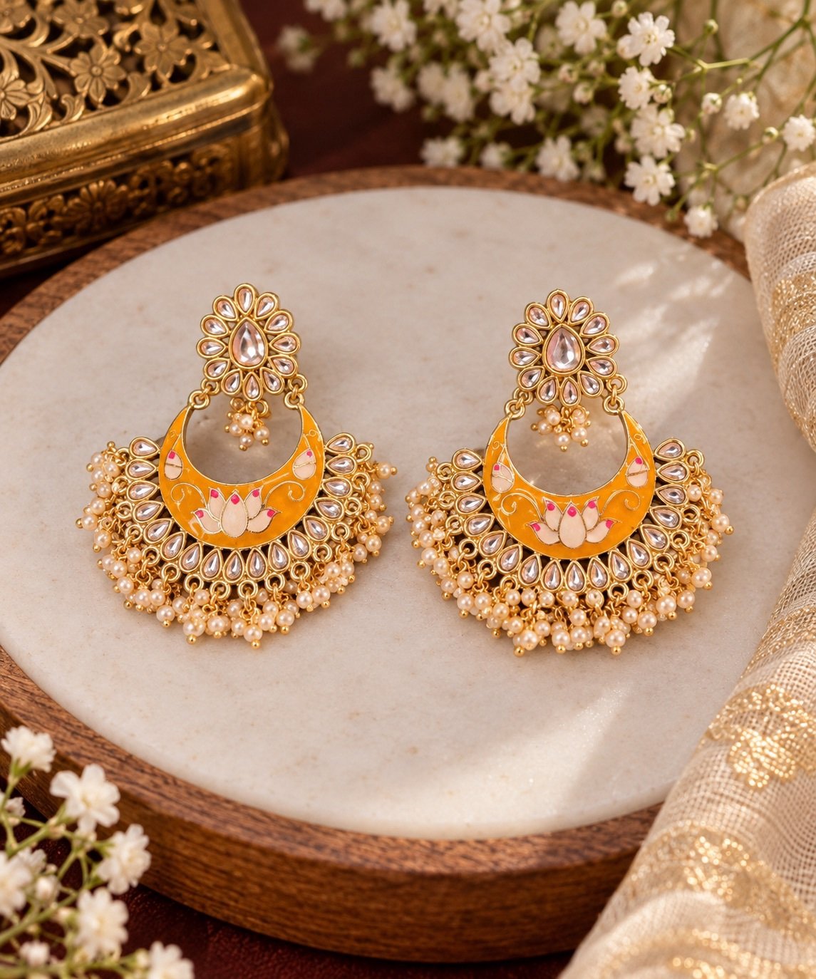 84b8ed36-42a6-4732-977d-c38ab50f0f53.jpeg Yellow Chandbali earrings - Image 1