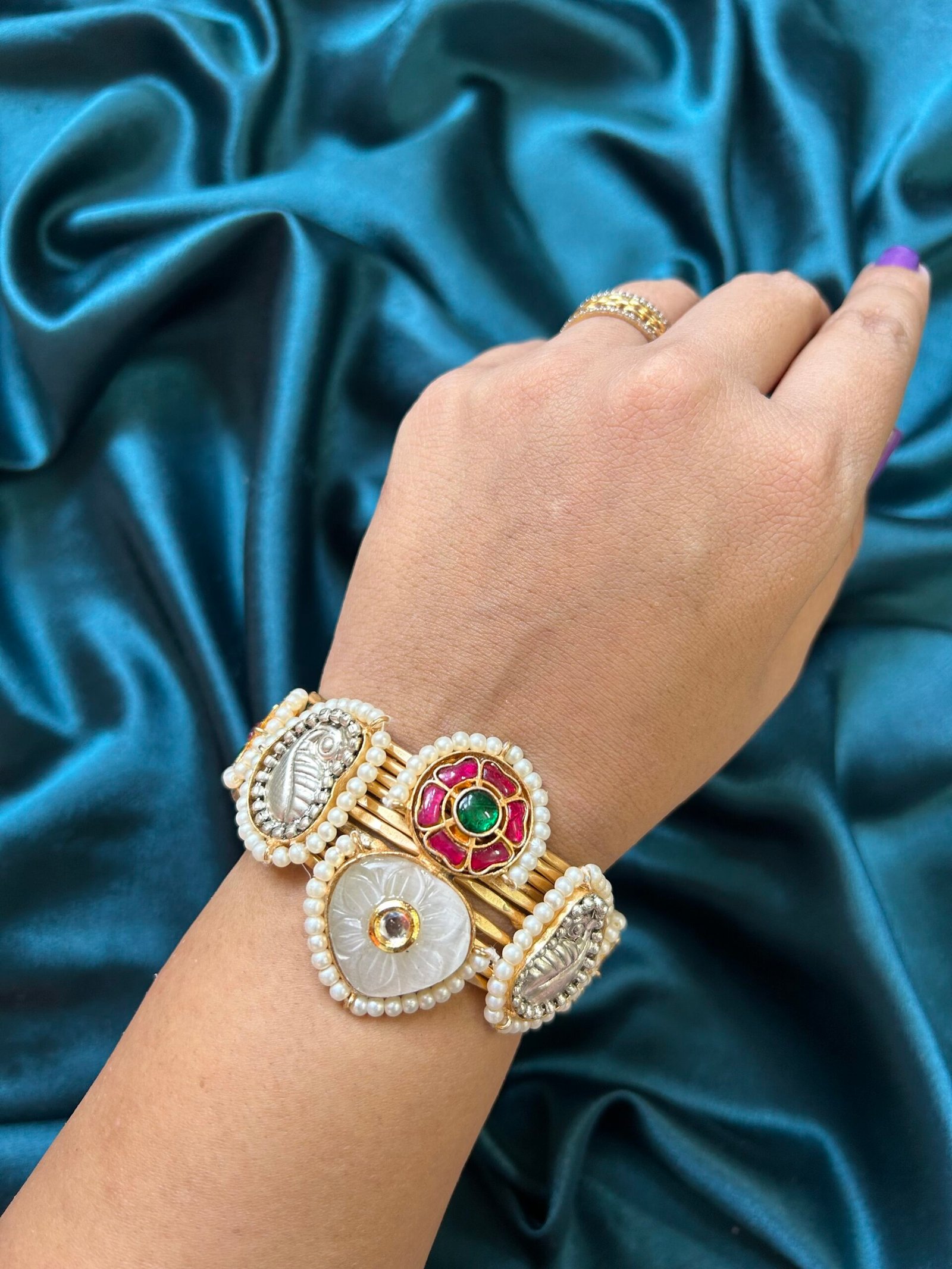 Brass Dual Tone Monalisa Bracelet - White
