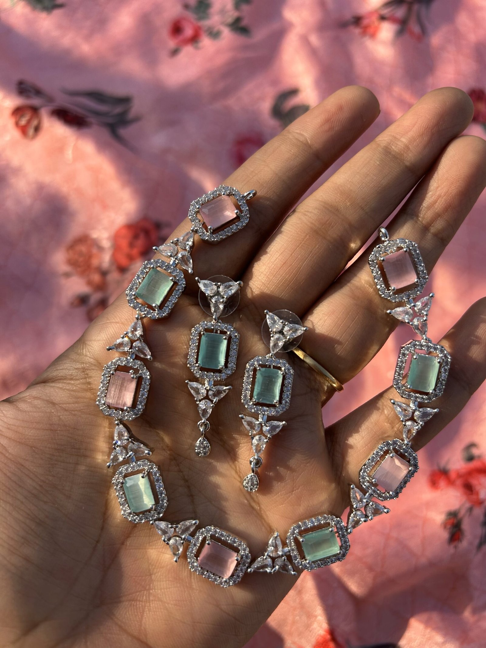 AD Necklace Set - Pink and Mint Green
