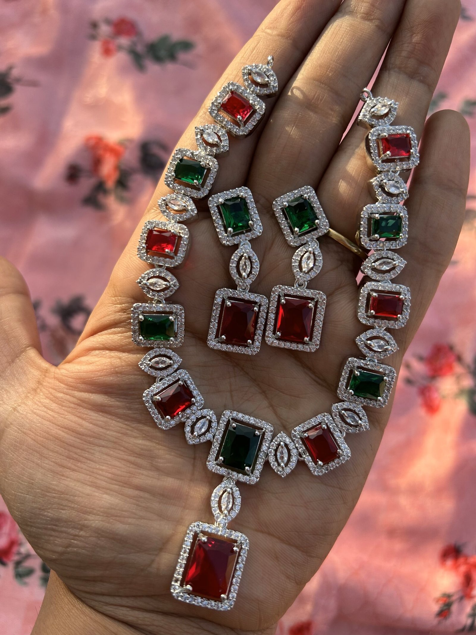 AD Necklace Set - Red and Green