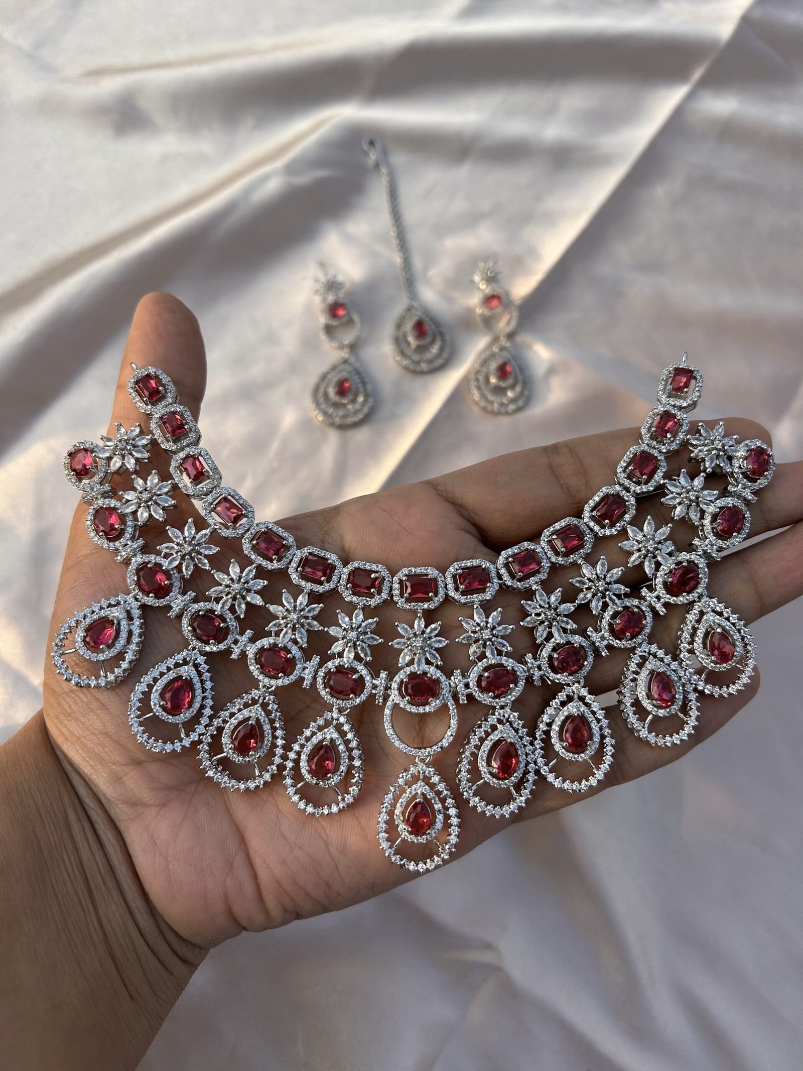 AD Necklace Set With Mangtika - Red