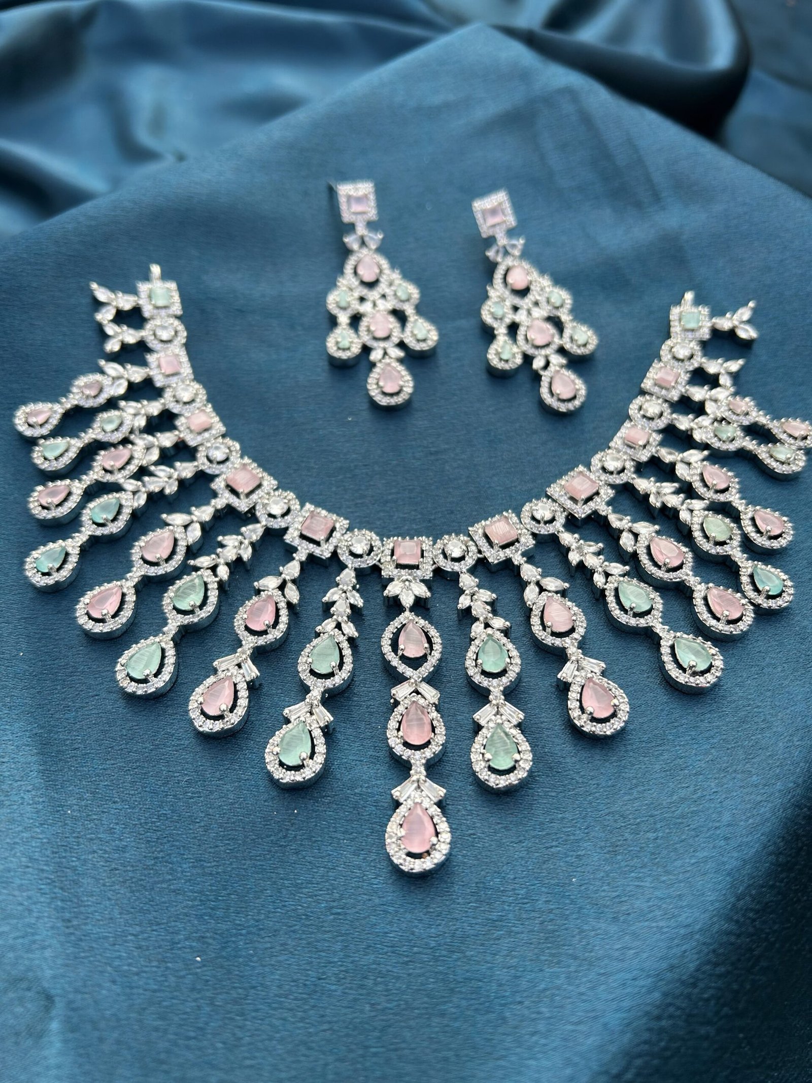 AD Necklace Set - Mint Green and Pink