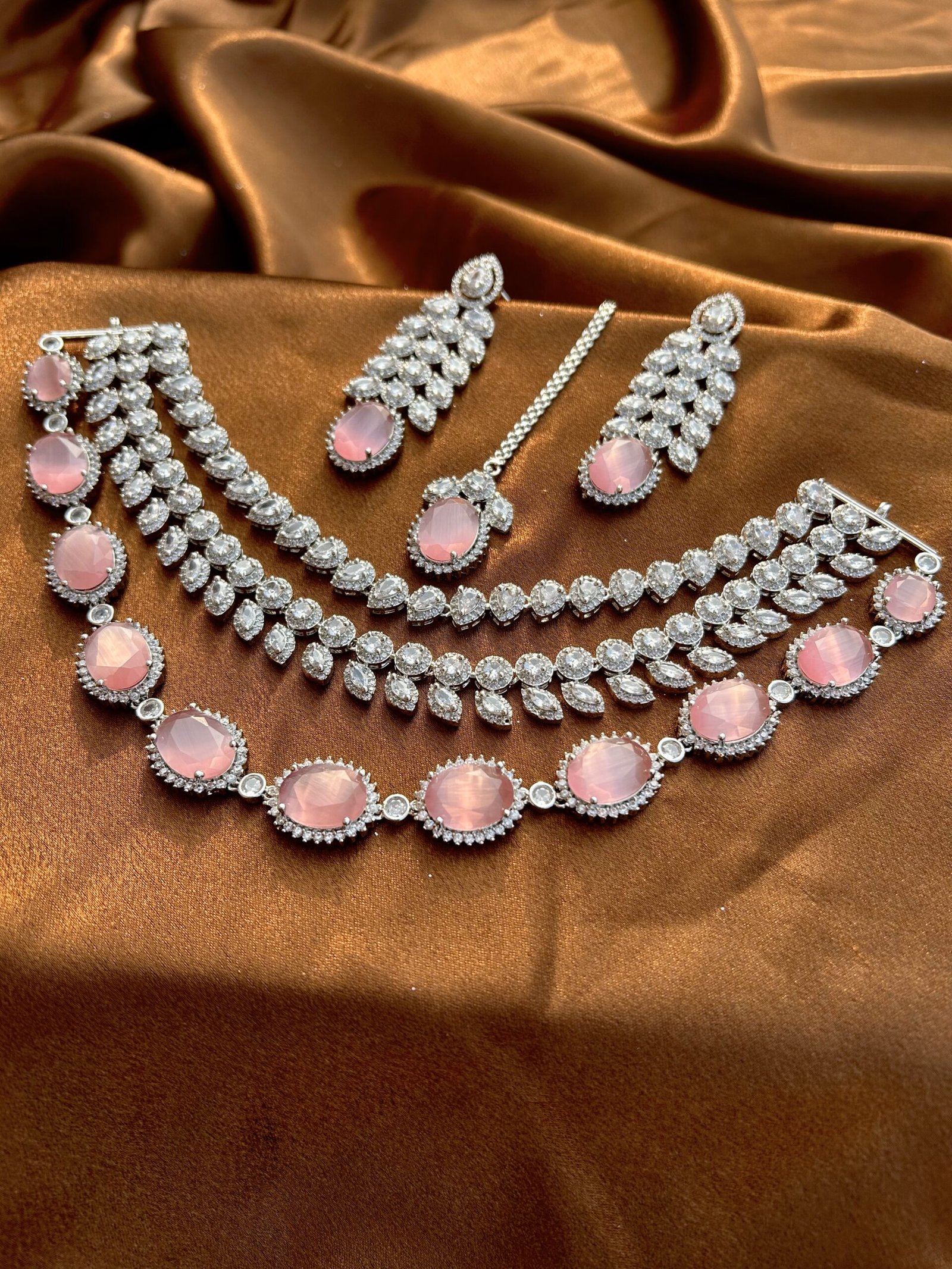 AD Triple layer Necklace Set With Mangtika - Pink