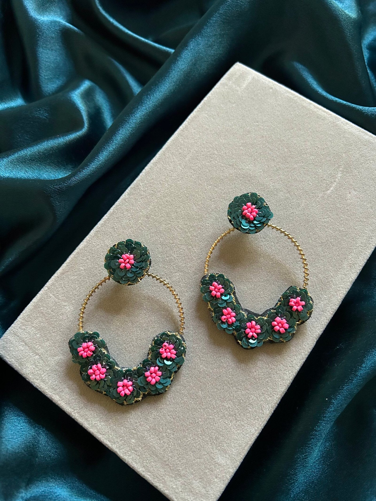 Green Pink Beaded Earrings