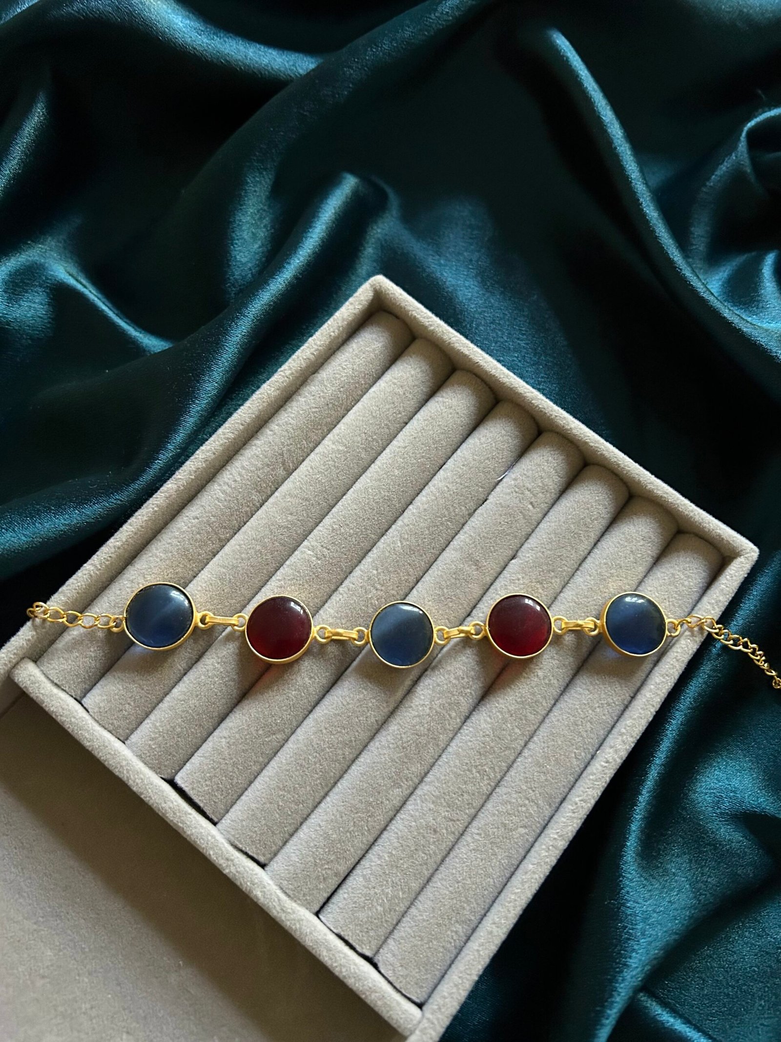 Brass Bracelet With Natural Stone - Blue Red