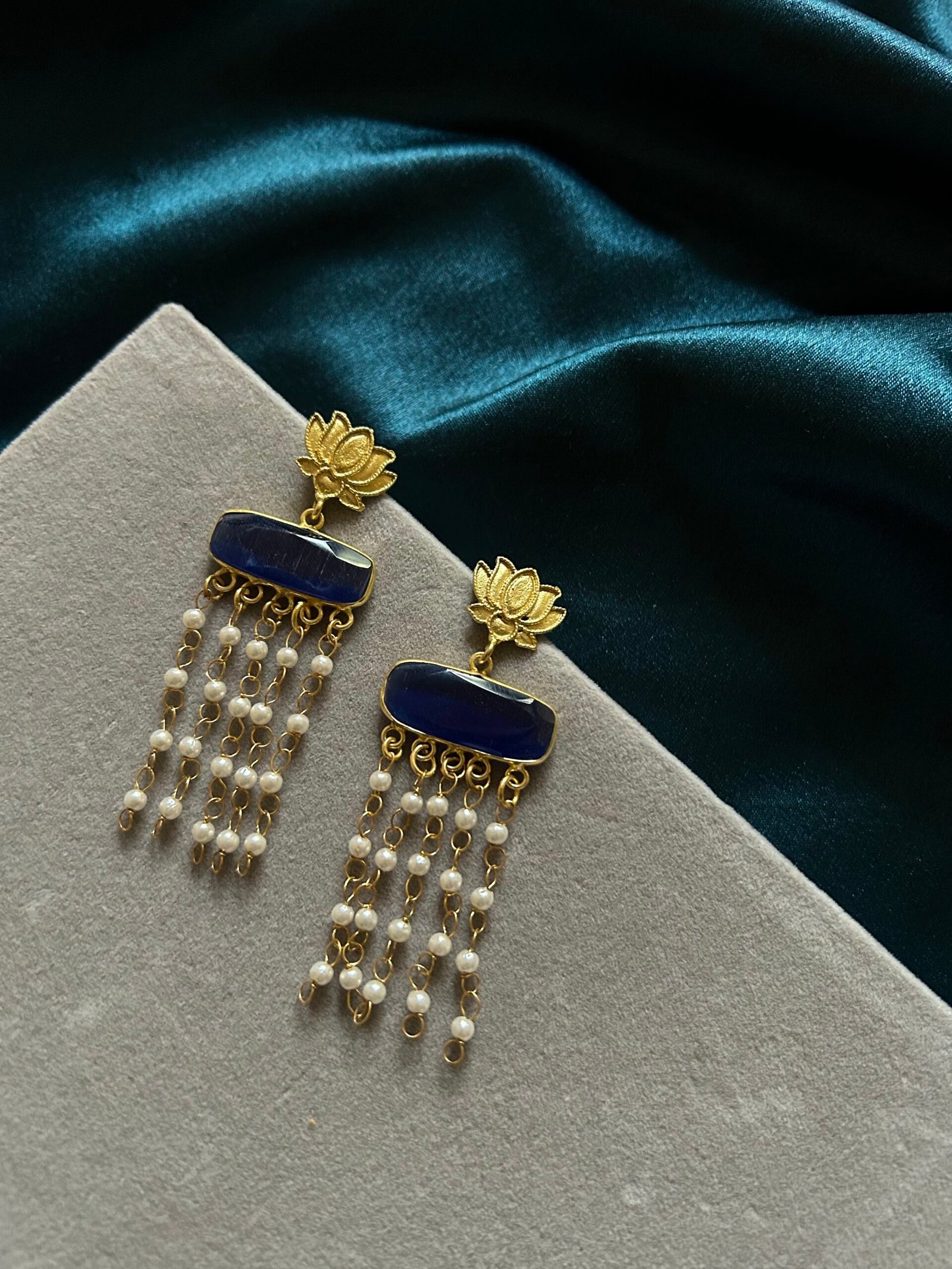 Brass Lotus Earrings - Dark Blue