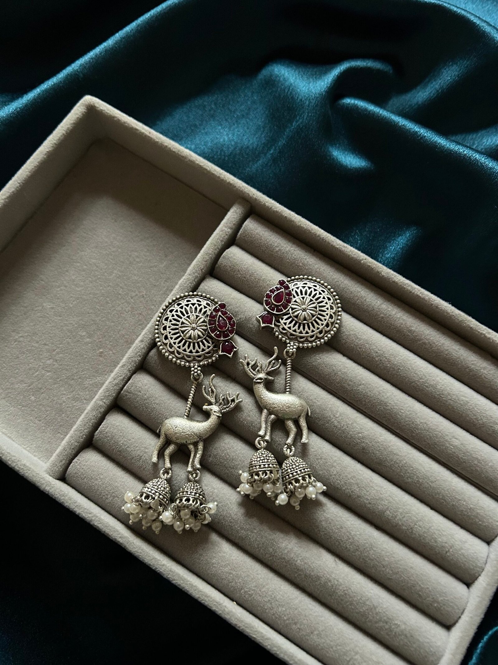 Silver Replica Deer Earrings - Maroon
