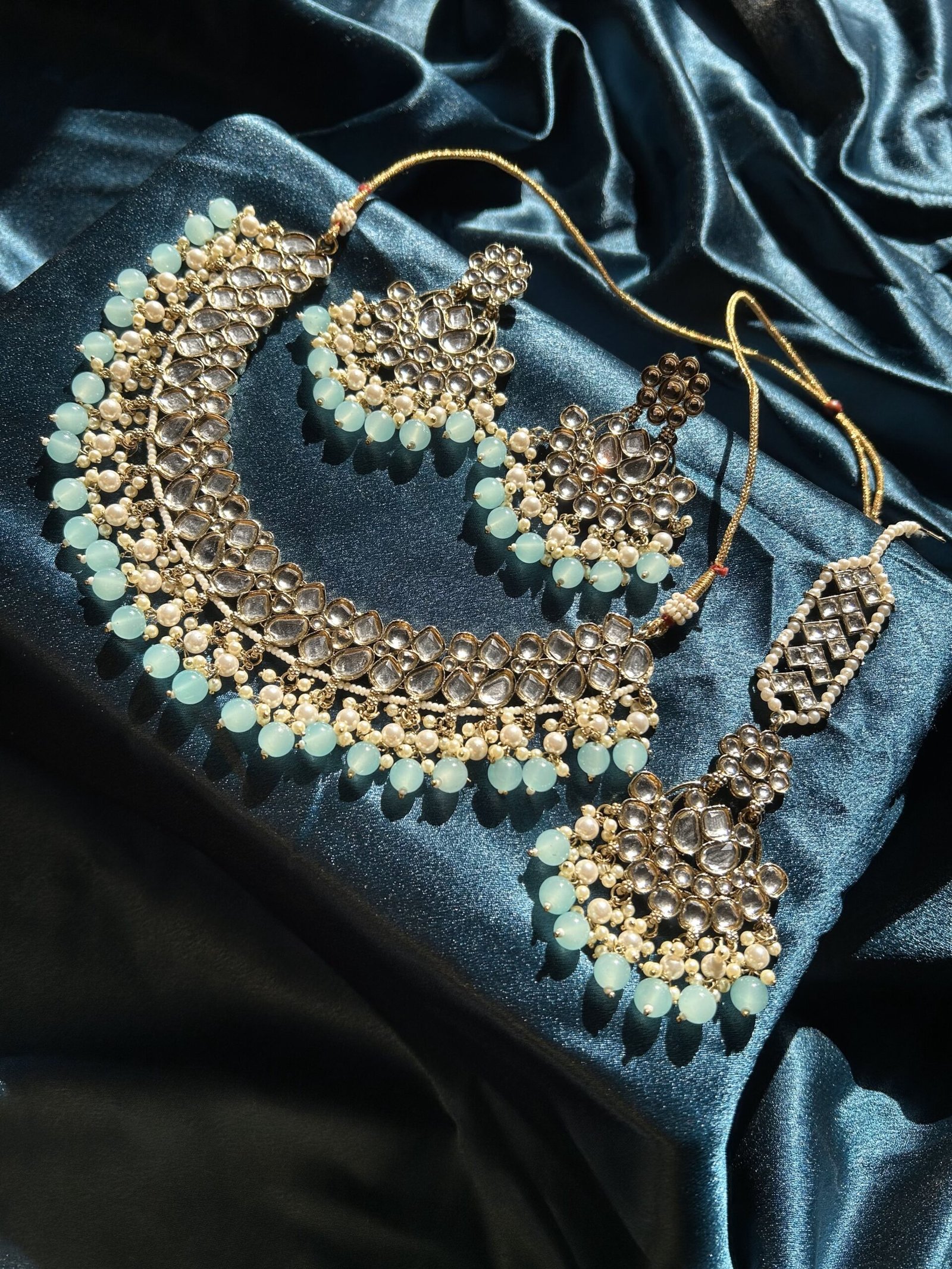 Kundan Necklace With Earrings and Mangtika - Sky Blue