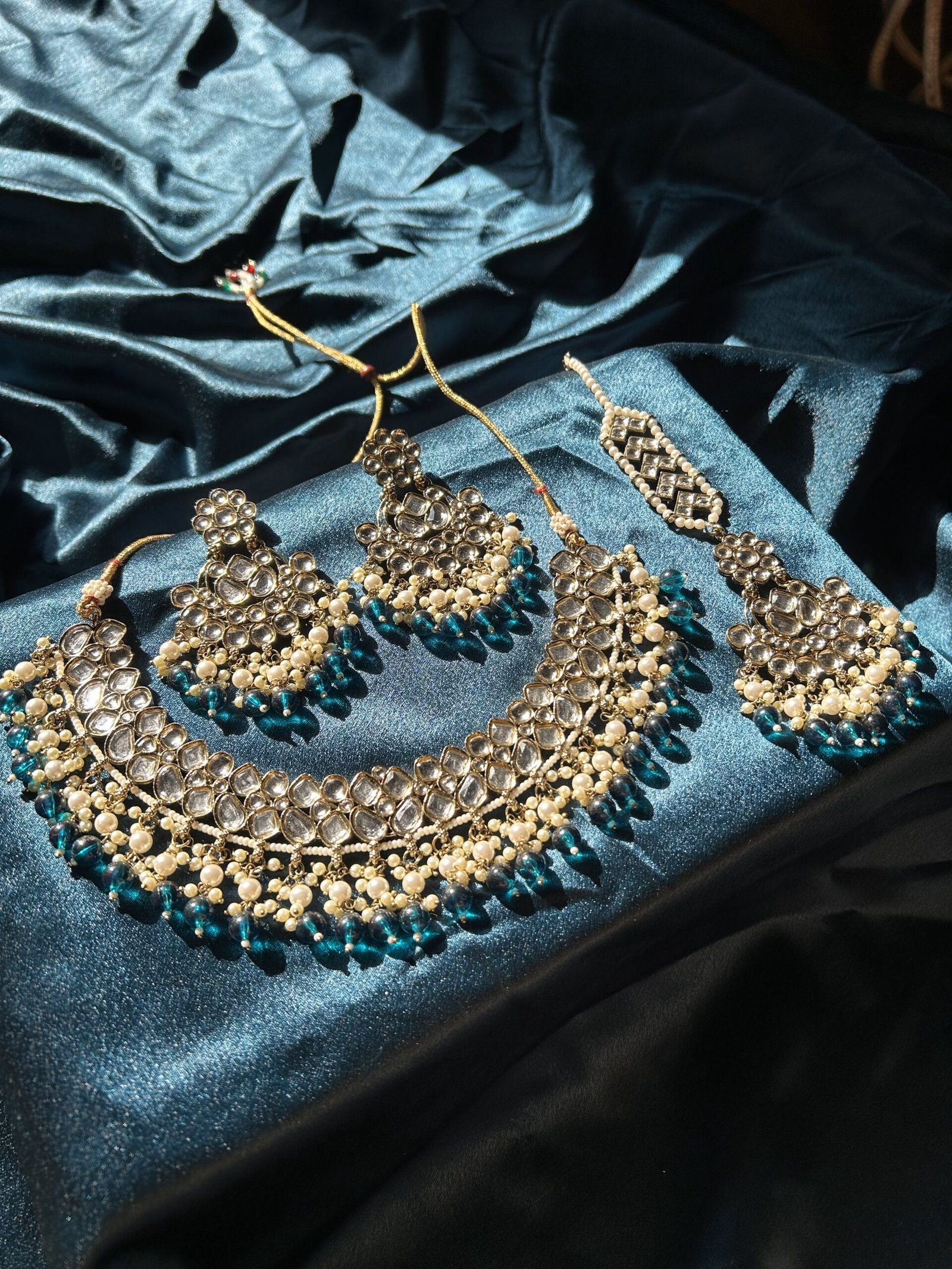 Kundan Necklace With Earrings and Mangtika-Teal