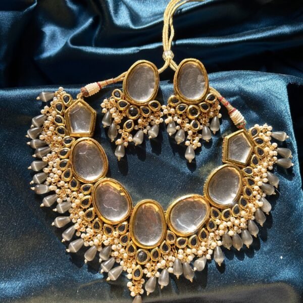 Kundan Necklace Set - Grey