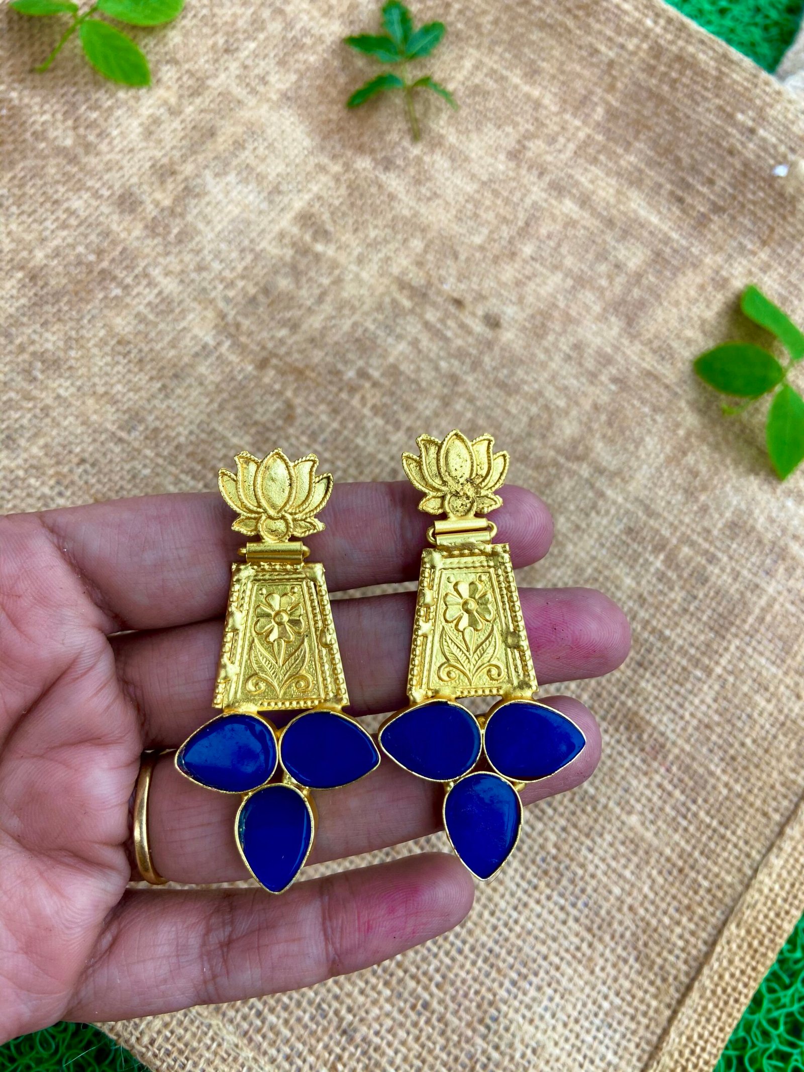 IMG_5138 Druzy Brass Lotus Earrings - Blue - Image 1
