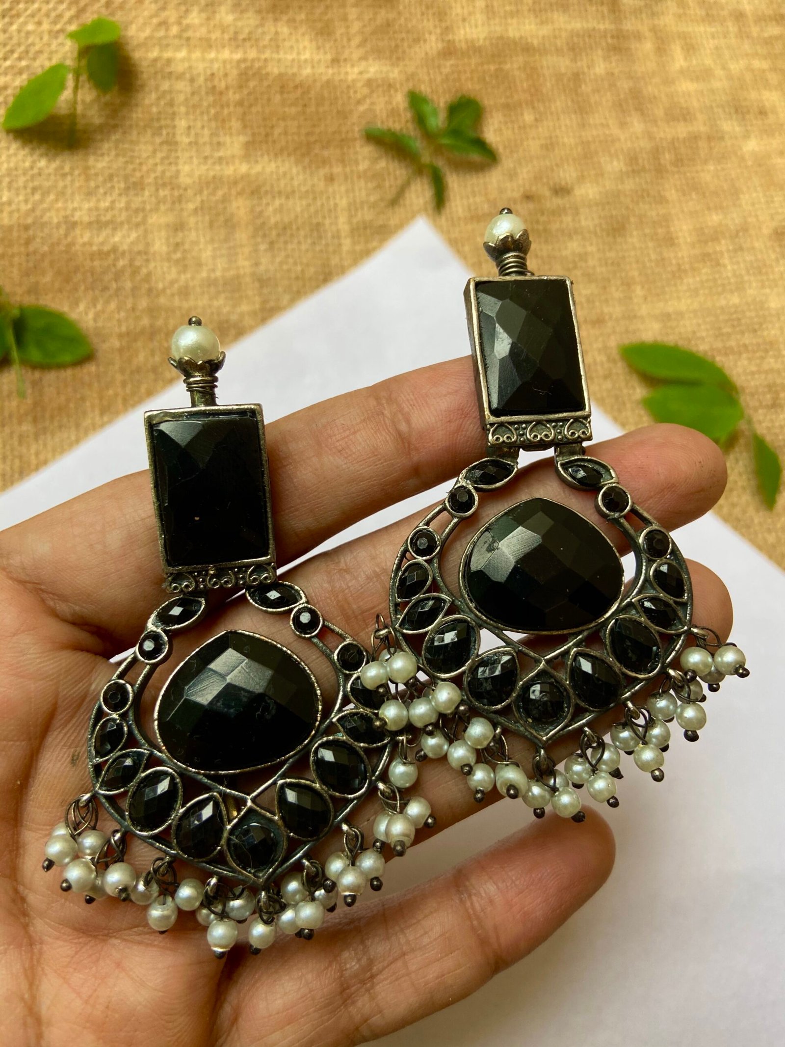 Oxidised Brass Black Earrings