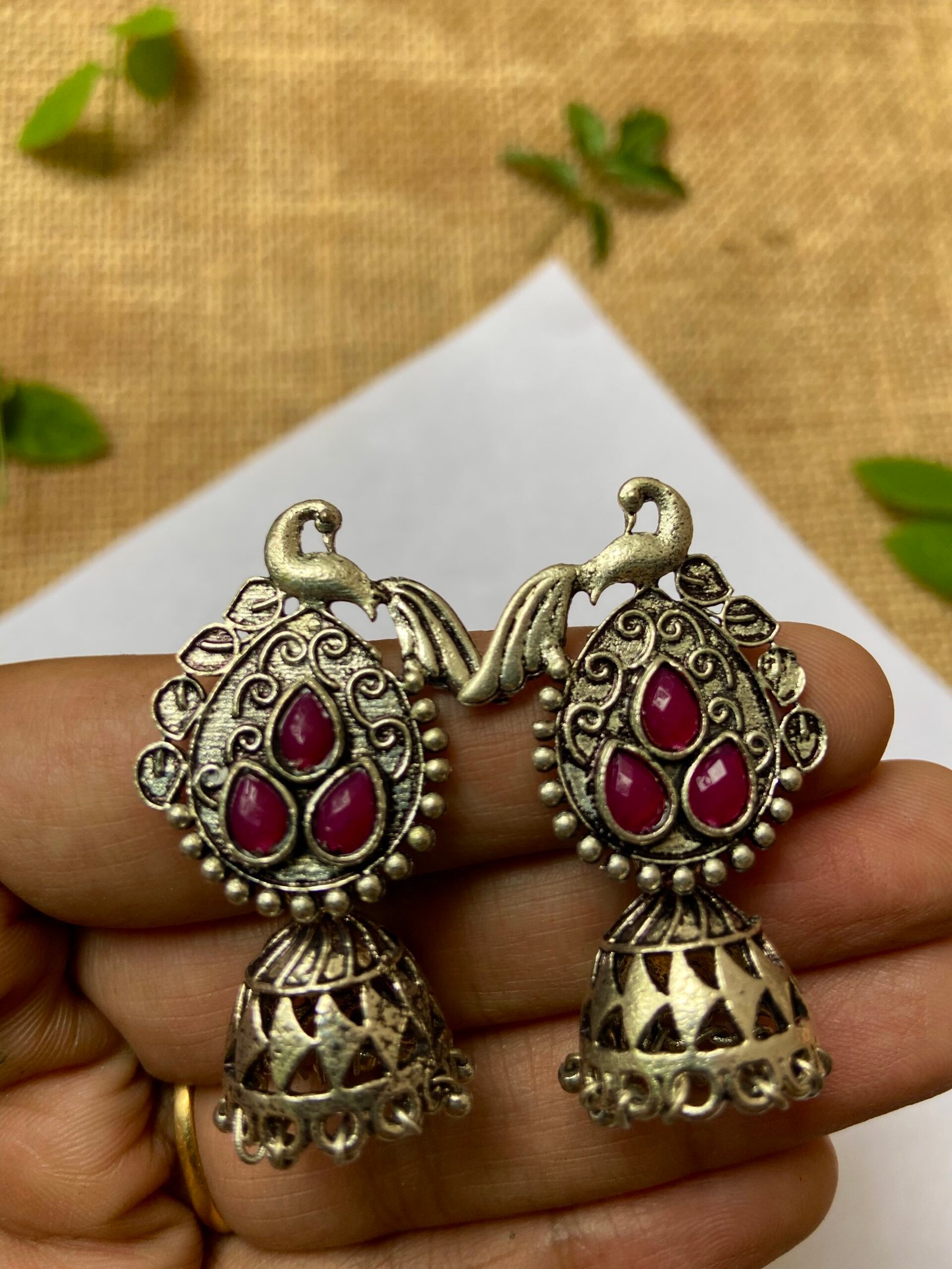 Oxidise Peacock Jhumki - Ruby
