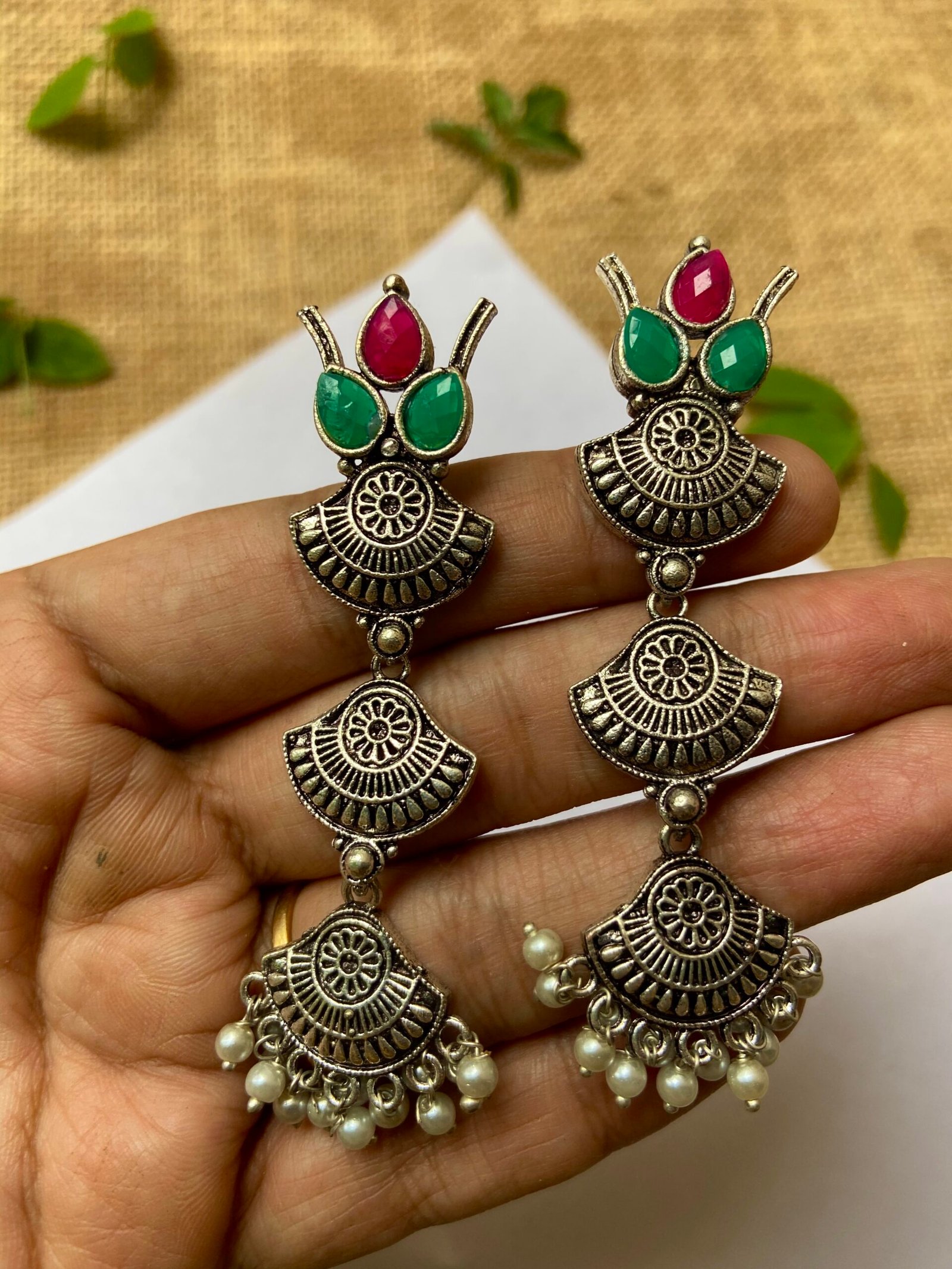 Oxidise Earrings - Ruby and Green
