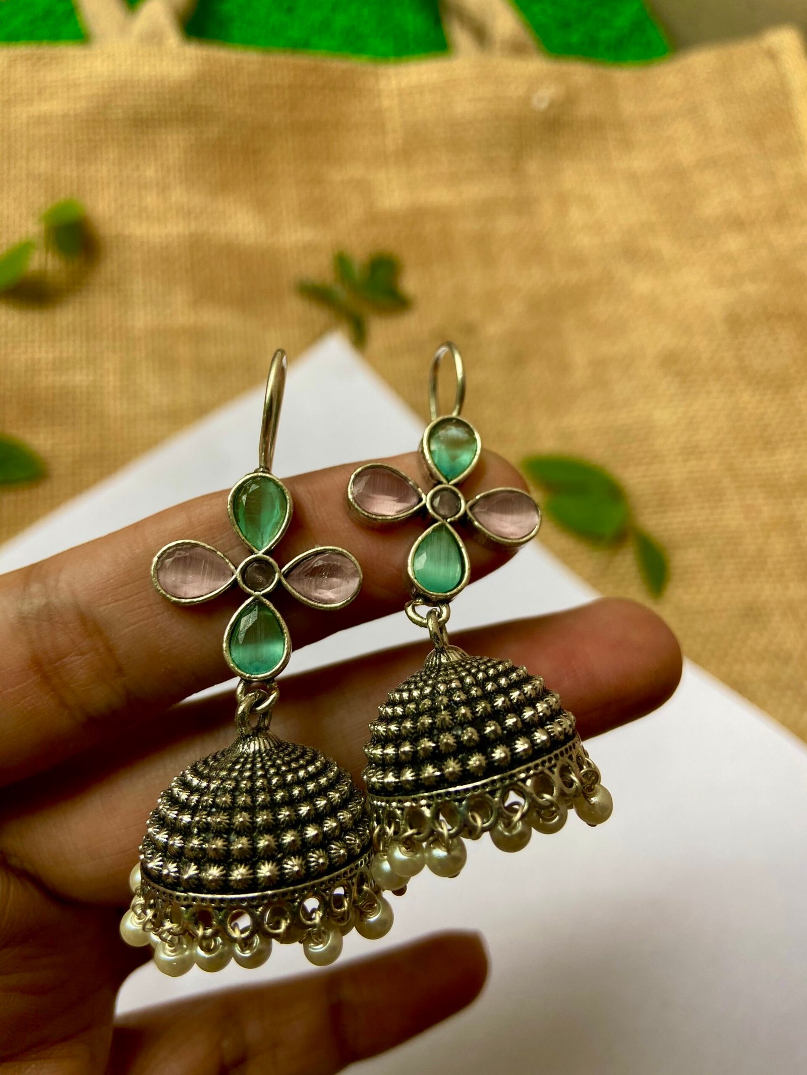 Silver Jhumki - Pink and Mint Green
