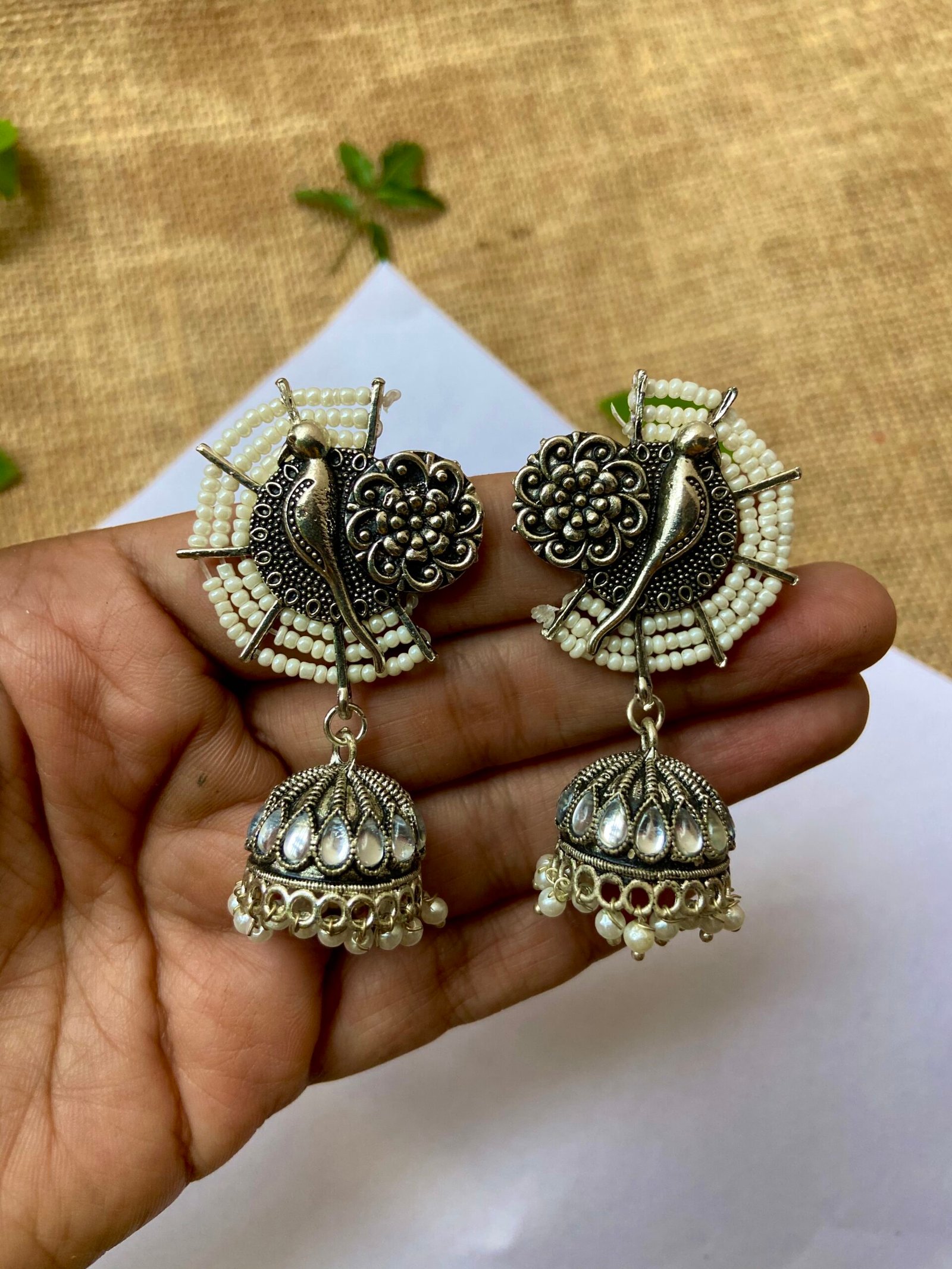 Oxidised Jhumki With Bird and Pearls