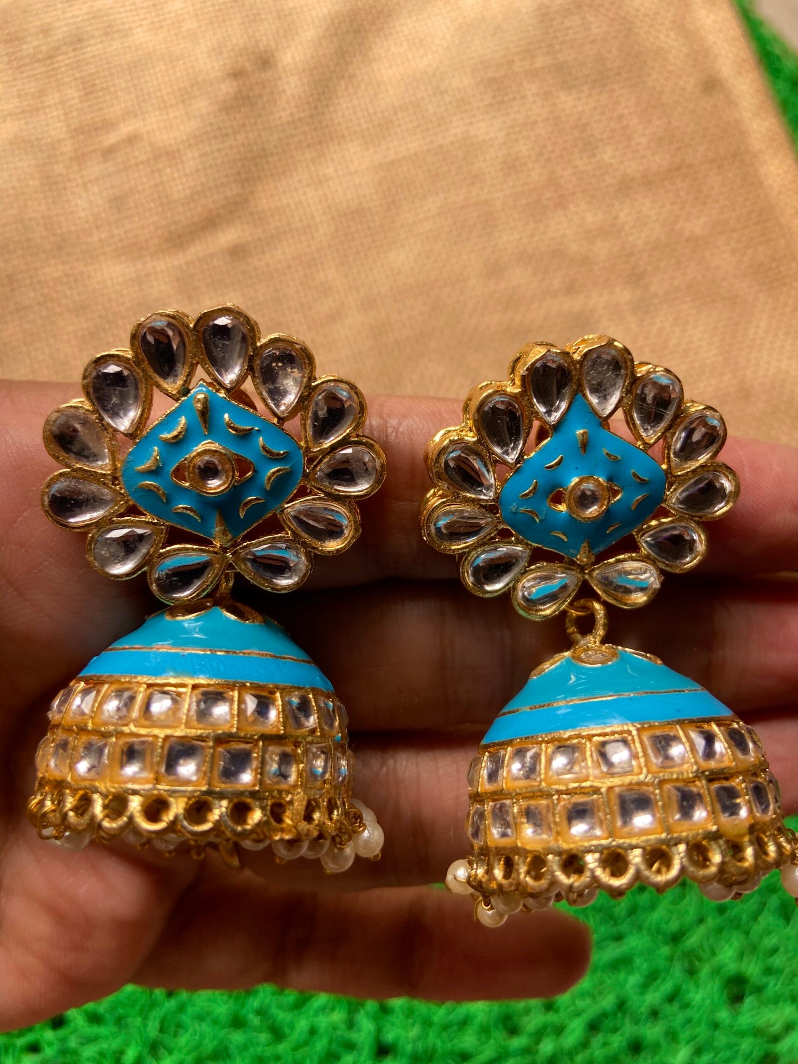 IMG_5244-scaled-1.jpg Sky Blue Kundan Jhumki - Image 1