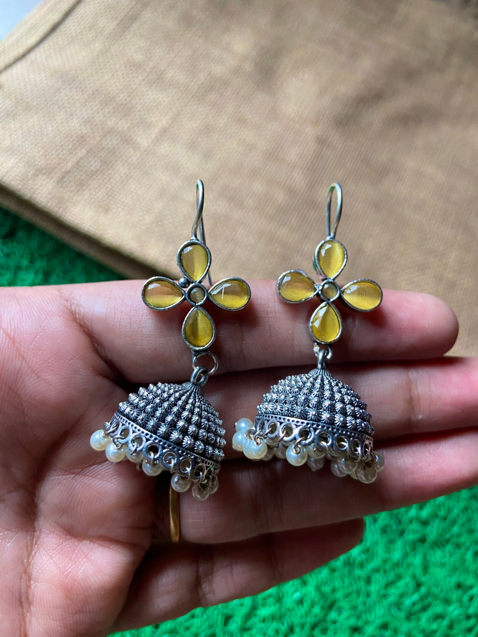 IMG_5316 Silver Replica Yellow Jhumki - Image 1