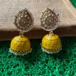 Meenakari Kundan Jhumkis with Pearls - Yellow