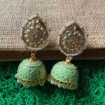 Meenakari Kundan Jhumkis With Pearls - Mint Green