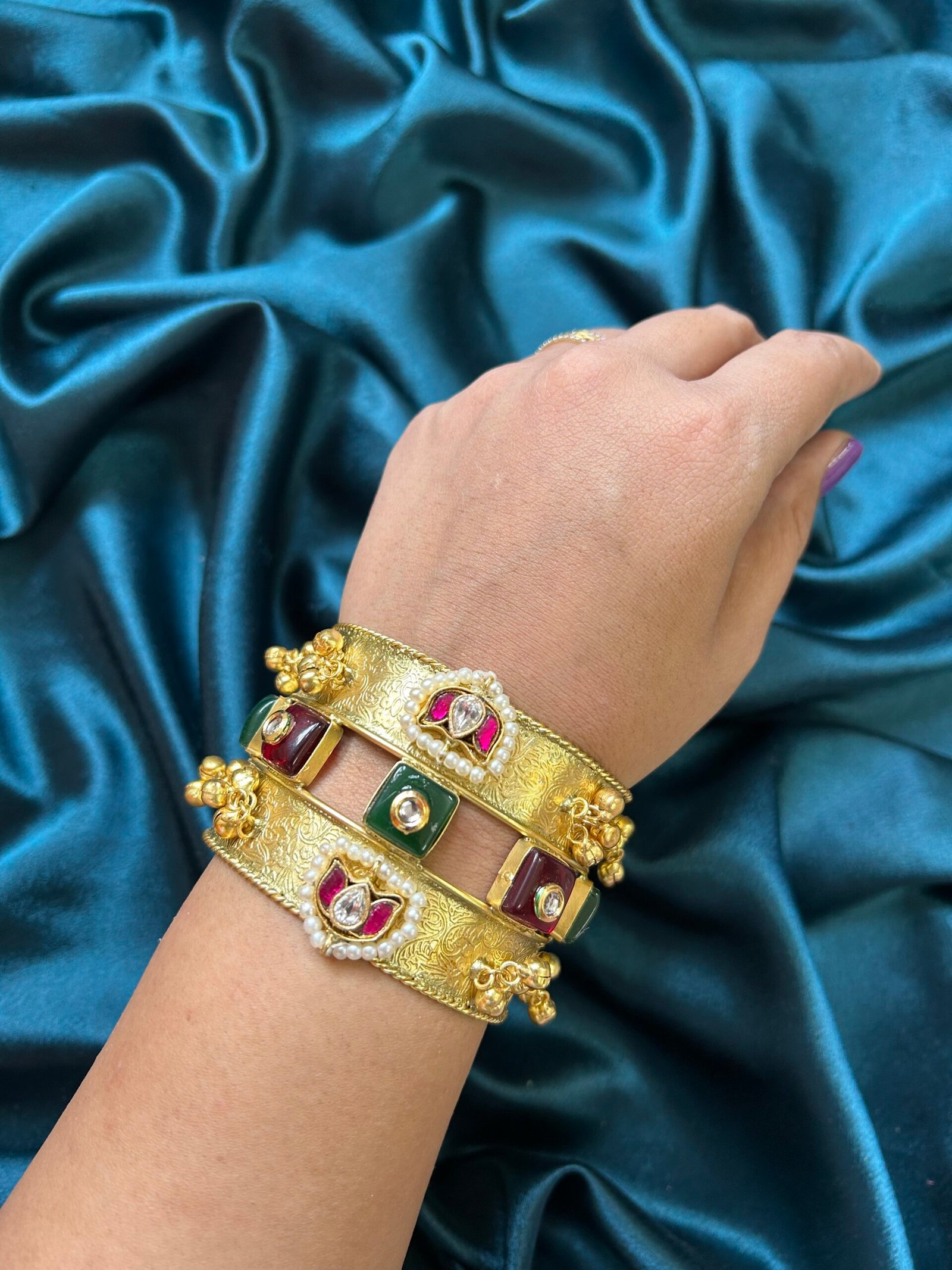 Brass Ghungroo Bracelet - Ruby Green