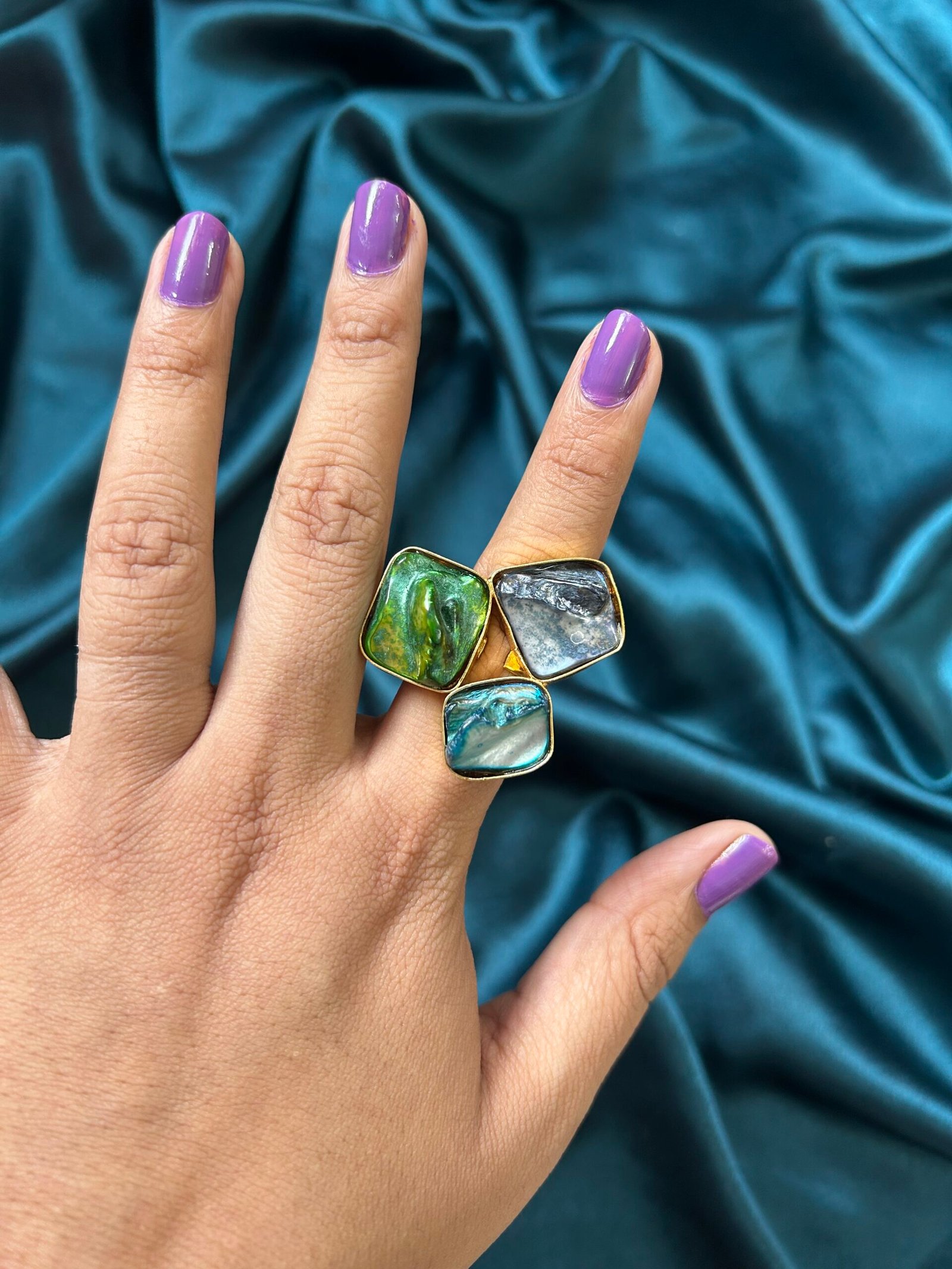 Brass MOP Stone Ring - Green Blue