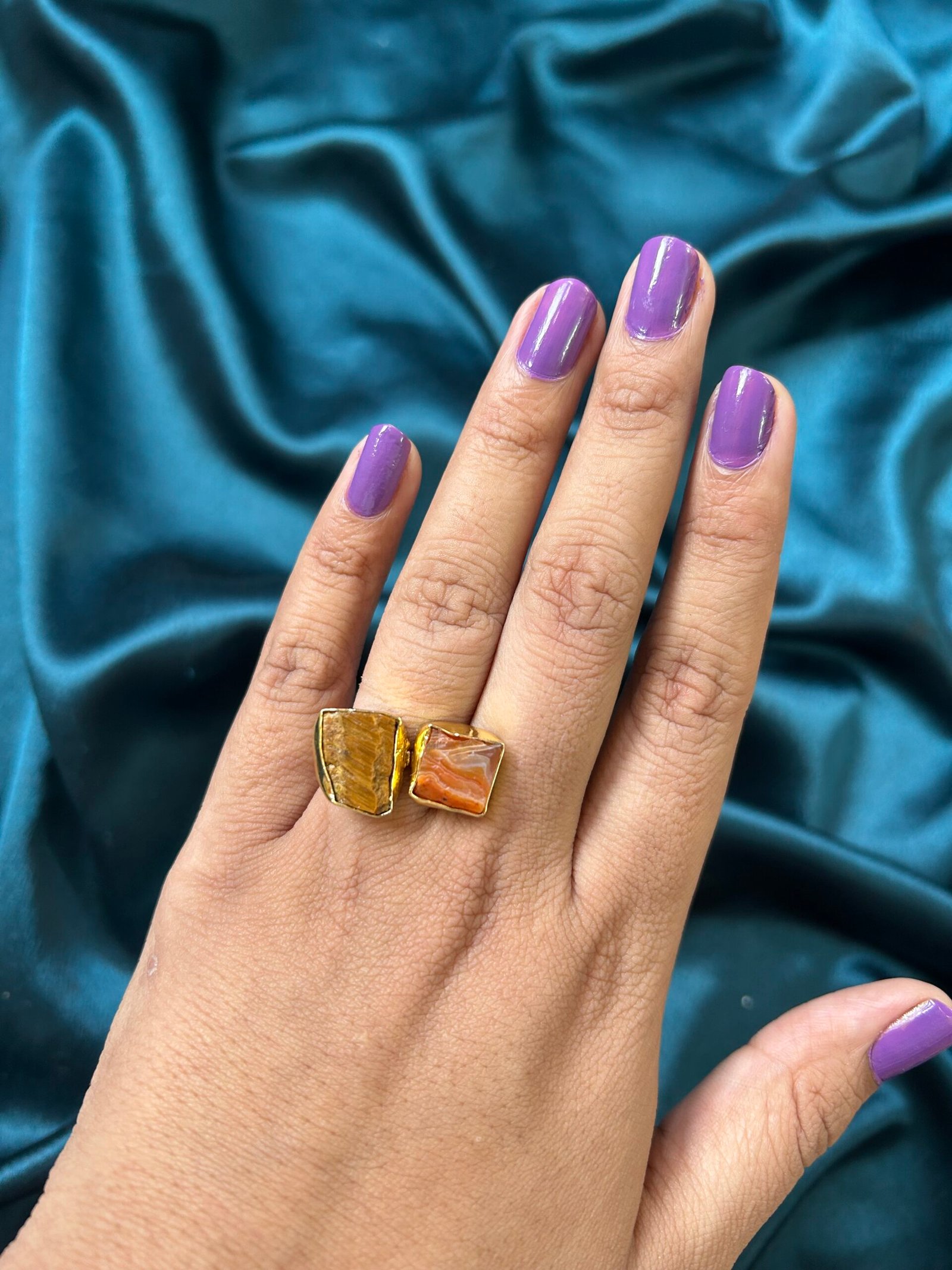 Brass Double Stone Ring - Brown Orange