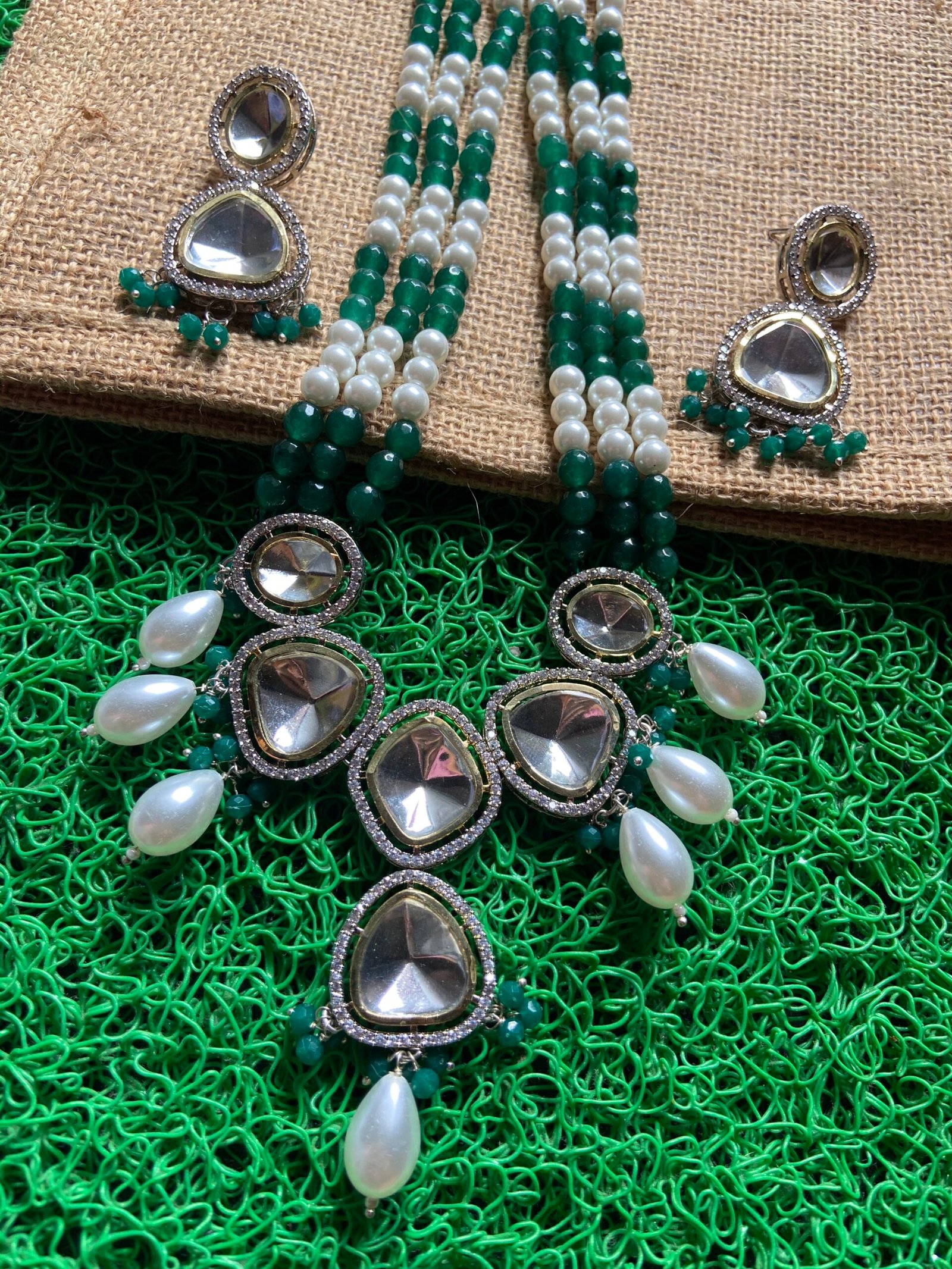 Polki Kundan and AD Set with White and Green Pearl Mala