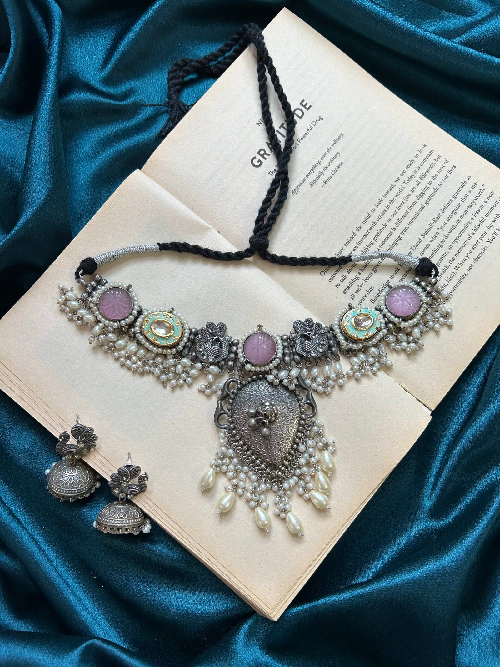 Silver Replica Necklace Set With Earrings - Pink