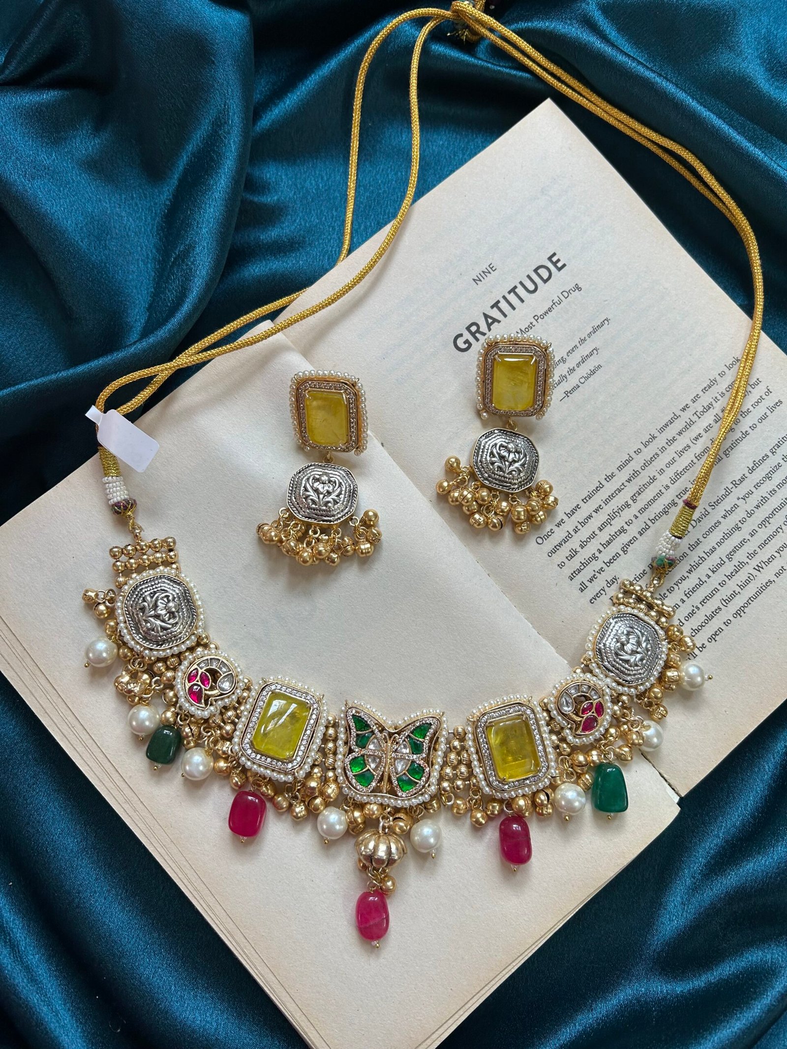 Kashmiri Butterfly Necklace Set With Earrings - Yellow