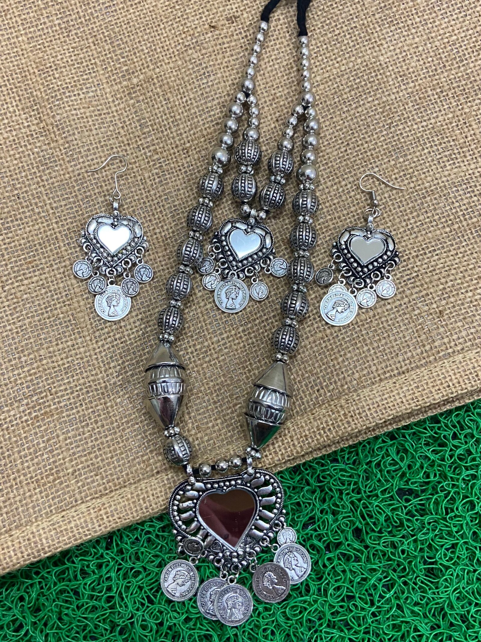 Oxidise Long Double Necklace With Coin Hanging