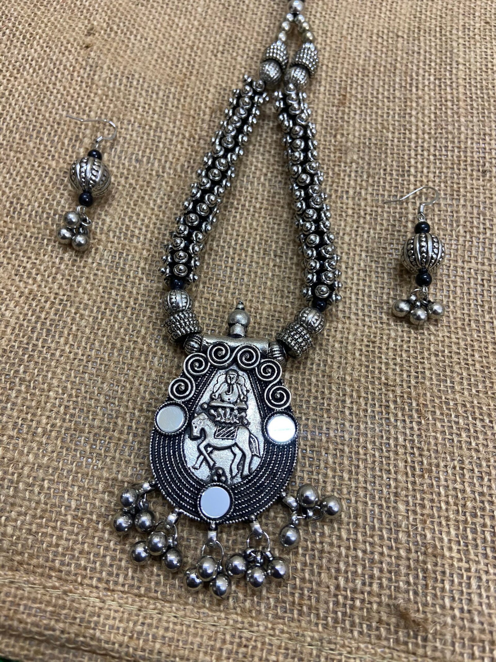 Long Oxidise Necklace Set With Small Mirrors