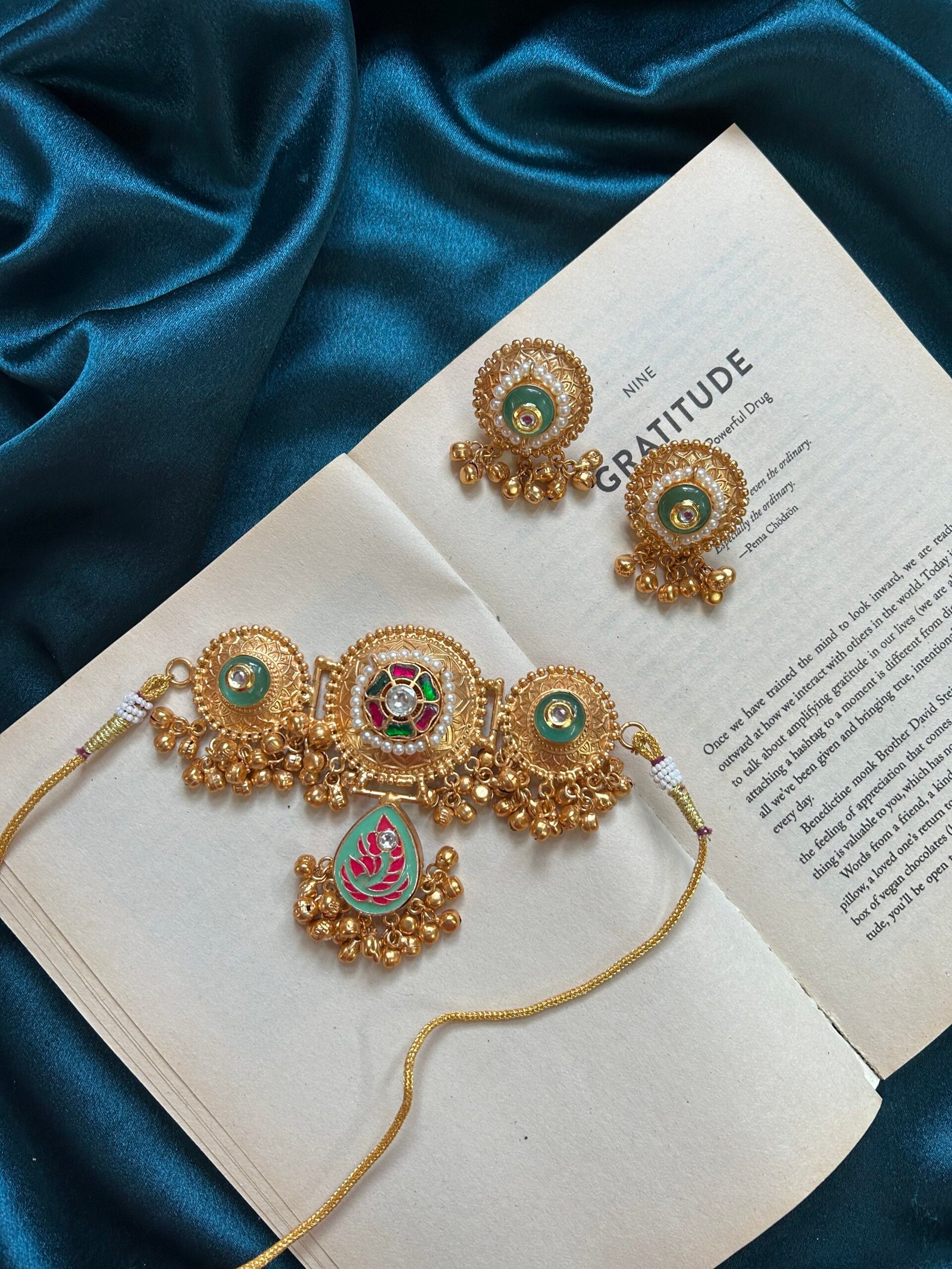 Kashmiri Necklace Set With Earrings - Mint