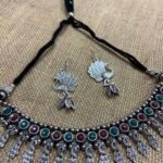 Oxidise Choker Set With Peacock Hanging - Green & Pink