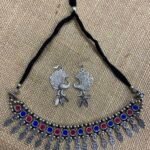 Oxidise Choker Set With Peacock Hanging - Pink & Blue